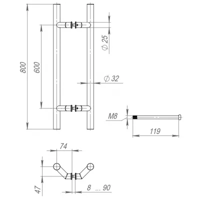 Ручка-скоба PH-45-32/800-INOX с креплением под 45 град.(нержавейка 304)