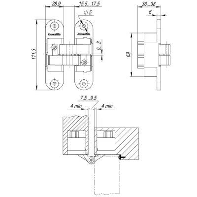 Петля скрытой установки U3D6200R CP правая (Architect 3D-ACH 60) хром 60 кг